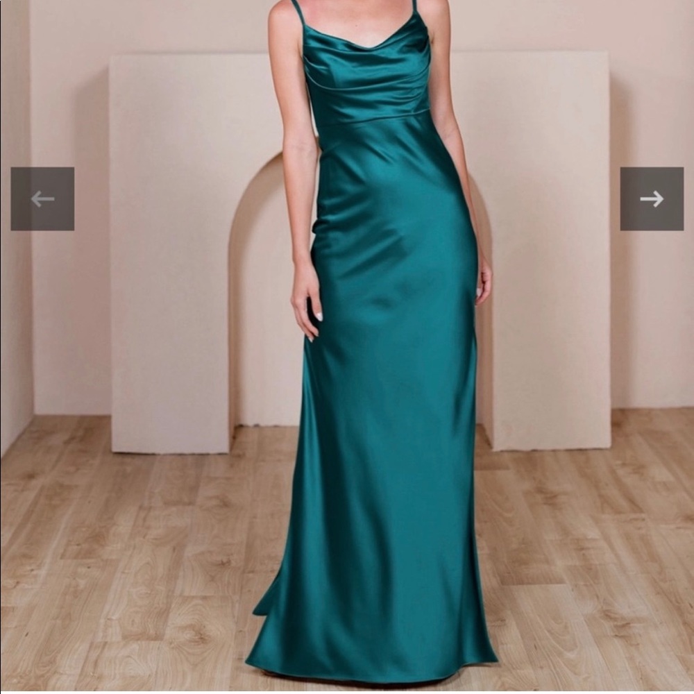 Revelry Sky Satin in Classic Emerald bridesmaid dress